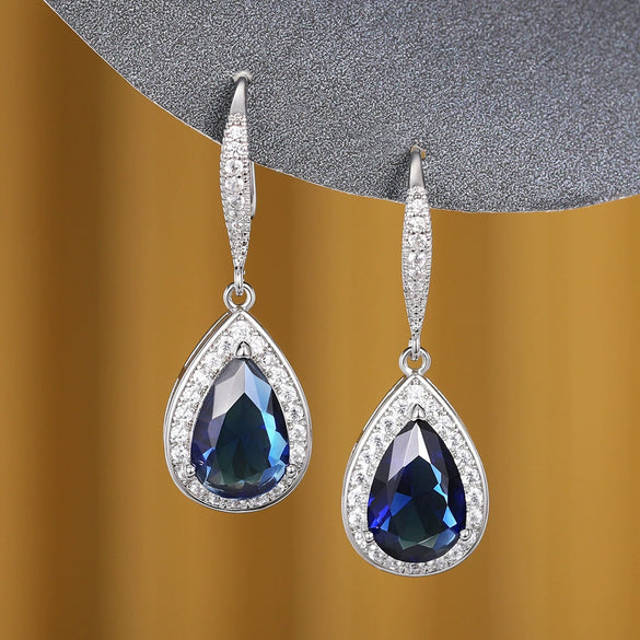 Wholesale Elegant Natural Dropshaped Sapphire Tamsang Zircon Earrings Copper Material