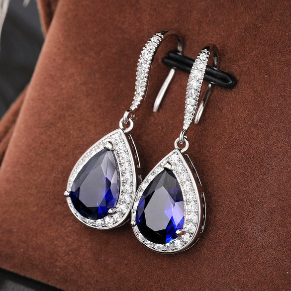 Wholesale Elegant Natural Dropshaped Sapphire Tamsang Zircon Earrings Copper Material