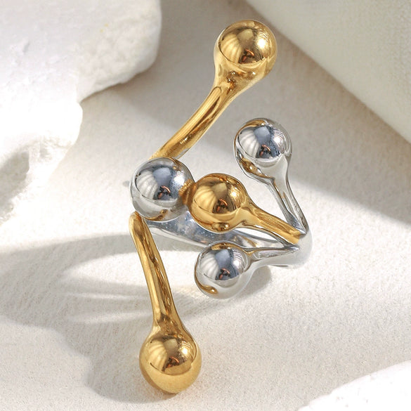 Wholesale Elegant Niche Design Hand Jewelry Stainless Steel 18K Gold Plated Round Head Exaggerated Ring With Geometric Pattern For Women