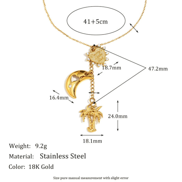 Wholesale Elegant Niche Light Luxury Pendant Necklace Stainless Steel Plated 18K Gold With Distinctive Tassel And Geometric Coconut Tree Pendant Electroplated