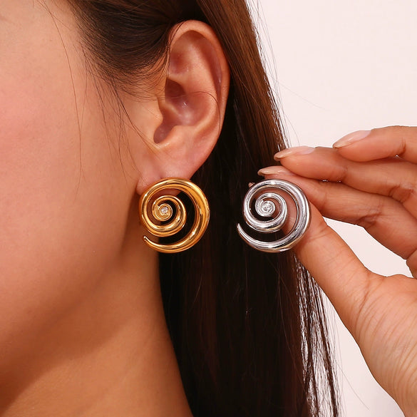 Wholesale Elegant Popular Geometric Stainless Steel 18K Gold Plated Micropaved Zircon Embellished Swirl Earrings For Women
