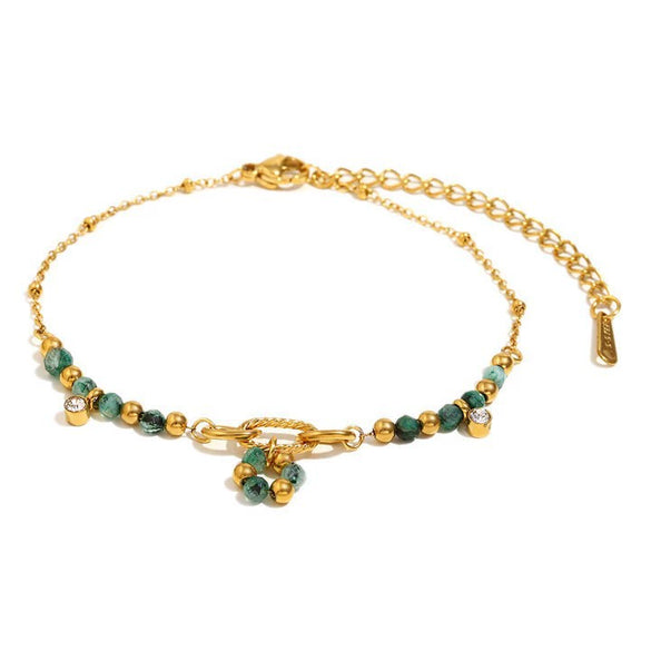 Wholesale Elegant Retro Green French Style Stainless Steel 18K Gold Plated Threering Geometric Bracelet For Women