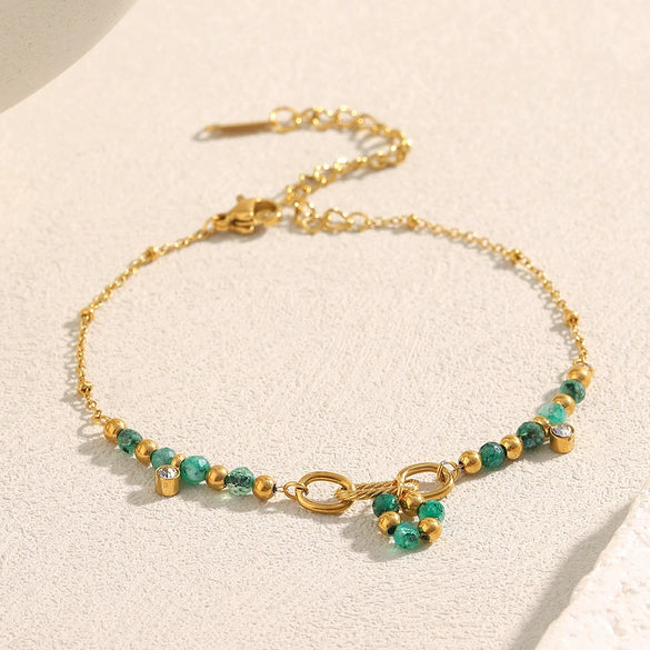 Wholesale Elegant Retro Green French Style Stainless Steel 18K Gold Plated Threering Geometric Bracelet For Women