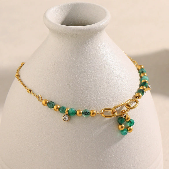 Wholesale Elegant Retro Green French Style Stainless Steel 18K Gold Plated Threering Geometric Bracelet For Women