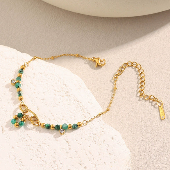 Wholesale Elegant Retro Green French Style Stainless Steel 18K Gold Plated Threering Geometric Bracelet For Women