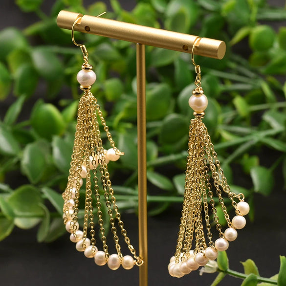 Wholesale Elegant Retro Long Pearl Tassel Earrings Natural Pearl Geometric Design