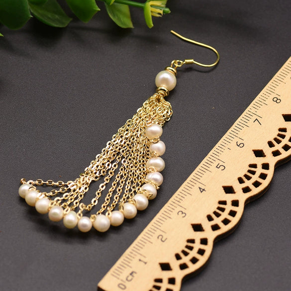 Wholesale Elegant Retro Long Pearl Tassel Earrings Natural Pearl Geometric Design