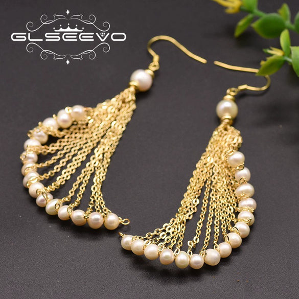 Wholesale Elegant Retro Long Pearl Tassel Earrings Natural Pearl Geometric Design