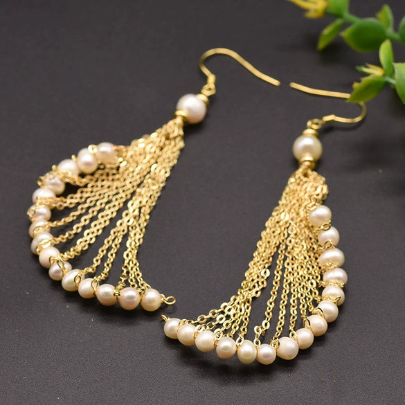 Wholesale Elegant Retro Long Pearl Tassel Earrings Natural Pearl Geometric Design