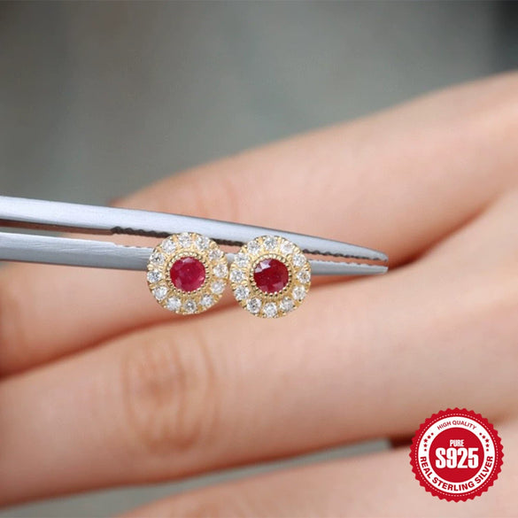 Wholesale Elegant S925 Silver Retro Palace Luxury Ruby Women's Ear Jewelry With Geometric Design And Electroplating