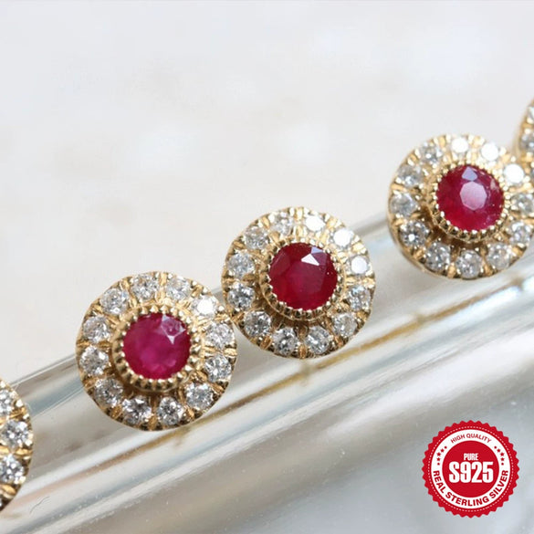 Wholesale Elegant S925 Silver Retro Palace Luxury Ruby Women's Ear Jewelry With Geometric Design And Electroplating