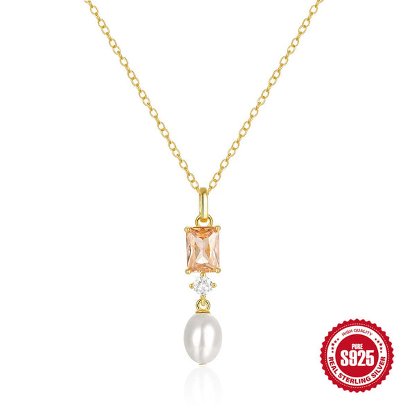 Wholesale Elegant S925 Sterling Silver Diamondencrusted Pearl Pendant Ochain Necklace With Geometric Design And Electroplating