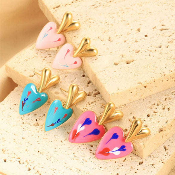 Wholesale Elegant Simple Color Drop Oil Paint Heart Shape Stainless Steel 18K Electroplated Earrings For Women