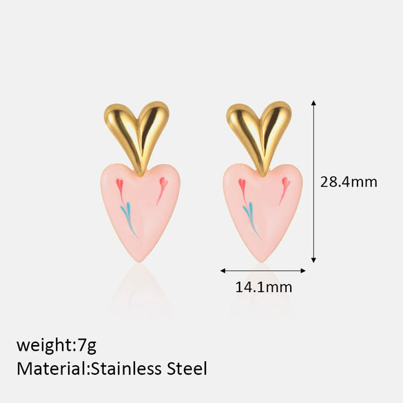 Wholesale Elegant Simple Color Drop Oil Paint Heart Shape Stainless Steel 18K Electroplated Earrings For Women
