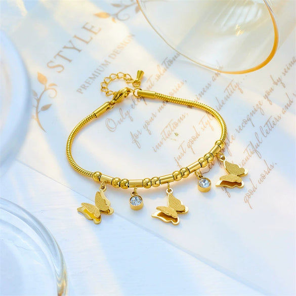 Wholesale Elegant Simple Diamond Butterfly Beaded Titanium Steel Chain Jewelry Unisex All Match Bracelet With Electroplating And Geometric Design