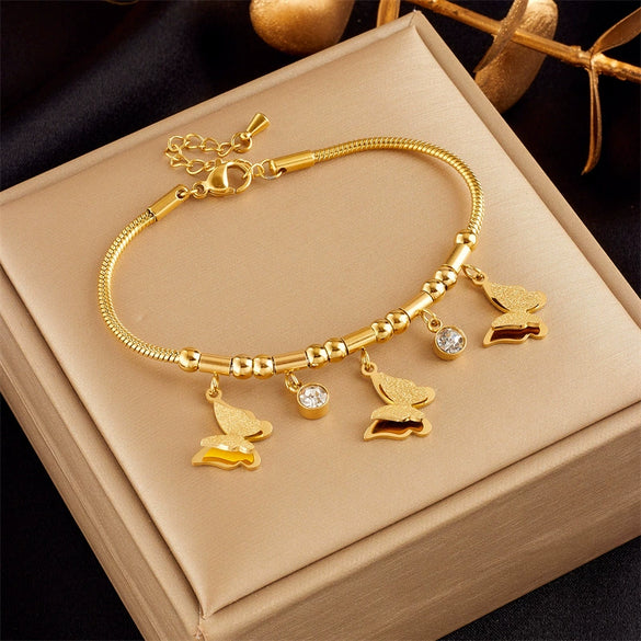 Wholesale Elegant Simple Diamond Butterfly Beaded Titanium Steel Chain Jewelry Unisex All Match Bracelet With Electroplating And Geometric Design