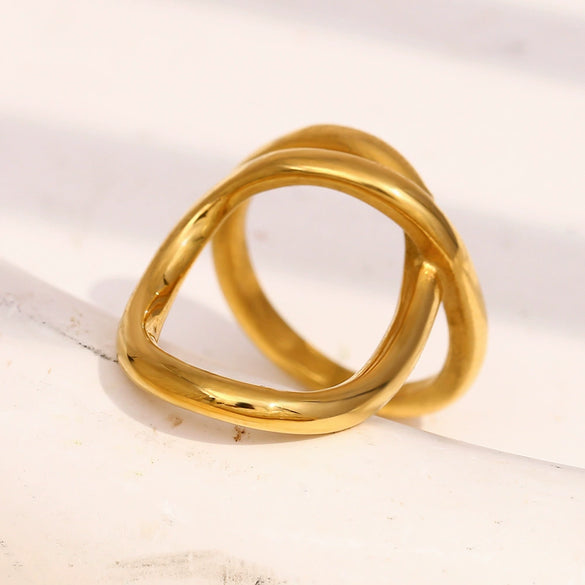 Wholesale Elegant Simple Niche Design Creative Women's Jewelry Stainless Steel 18K Gold Plated Geometric Double Ring Three Dimensional Ring With Electroplating