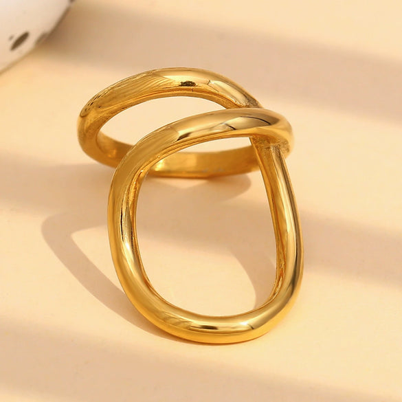 Wholesale Elegant Simple Niche Design Creative Women's Jewelry Stainless Steel 18K Gold Plated Geometric Double Ring Three Dimensional Ring With Electroplating