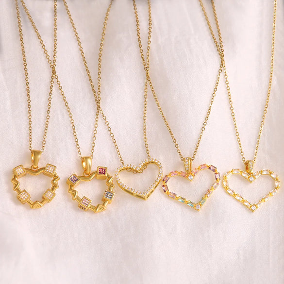 Wholesale Elegant Simple Style Shiny Heart Shape 304 Stainless Steel Copper Plating Inlay 18K Gold Plated Zircon Pendant Necklace