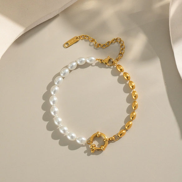 Wholesale Elegant Simple Versatile Oval Gold Bead Pearl Stainless Steel Jewelry Bracelet With Geometric Pattern Electroplating For Women