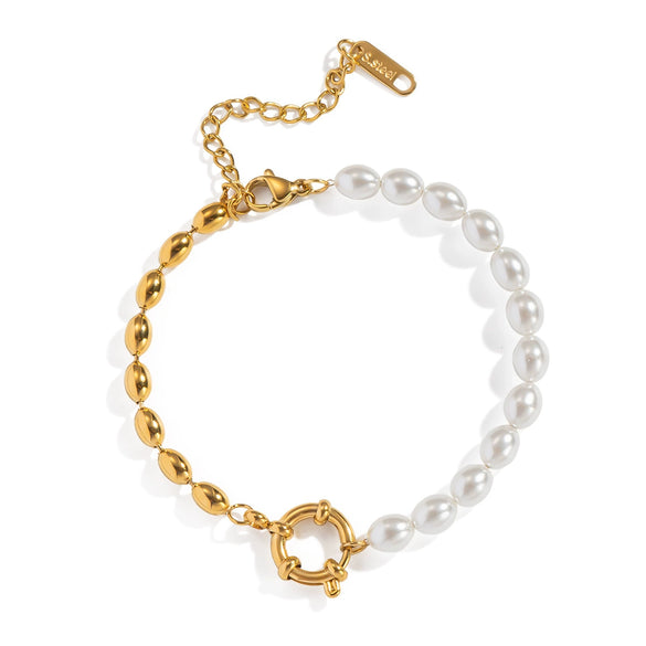 Wholesale Elegant Simple Versatile Oval Gold Bead Pearl Stainless Steel Jewelry Bracelet With Geometric Pattern Electroplating For Women