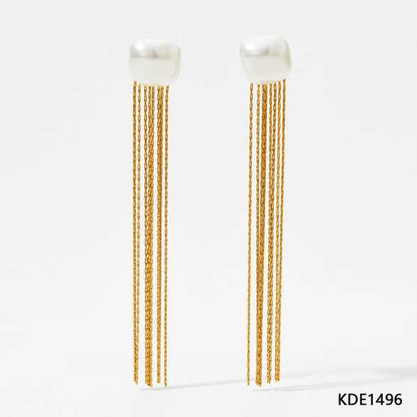 Wholesale Elegant Stainless Steel Pearl Long Tassel Earrings With Geometric Design And Electroplating For Women