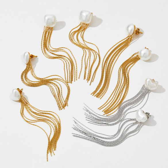 Wholesale Elegant Stainless Steel Pearl Long Tassel Earrings With Geometric Design And Electroplating For Women