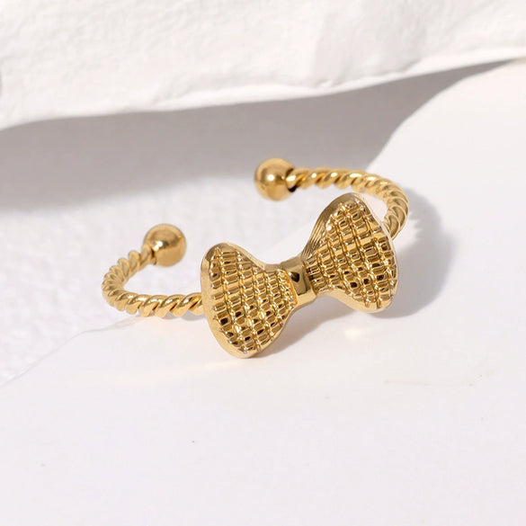 Wholesale Elegant Sweet Bow Open Gold Plated Stainless Steel Ring For Women