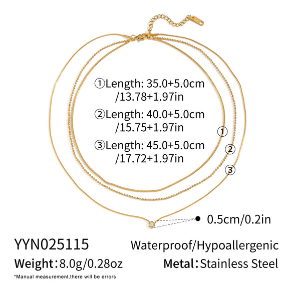 Wholesale Elegant Threelayer Geometric Zircon Stainless Steel Snake Bone Chain Necklace With Electroplating