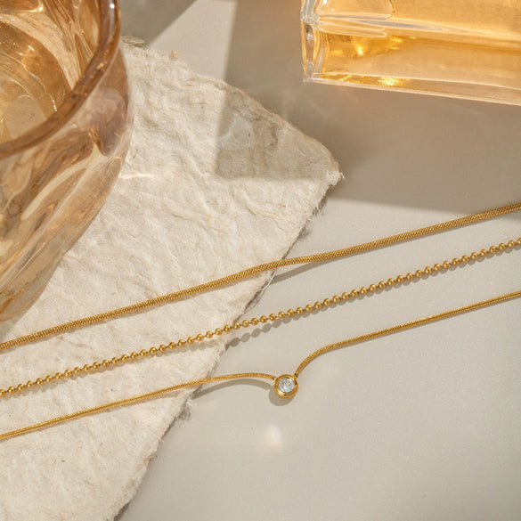 Wholesale Elegant Threelayer Geometric Zircon Stainless Steel Snake Bone Chain Necklace With Electroplating