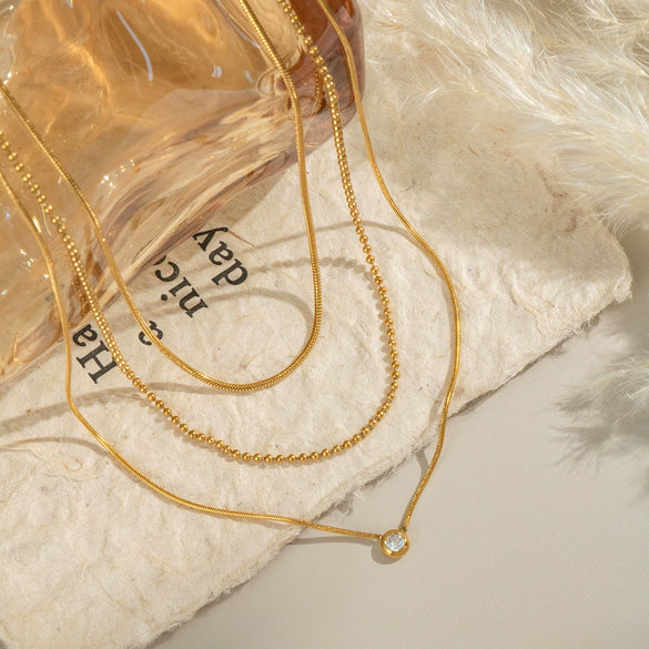 Wholesale Elegant Threelayer Geometric Zircon Stainless Steel Snake Bone Chain Necklace With Electroplating