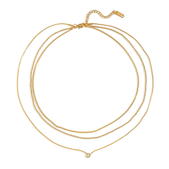 Wholesale Elegant Threelayer Geometric Zircon Stainless Steel Snake Bone Chain Necklace With Electroplating