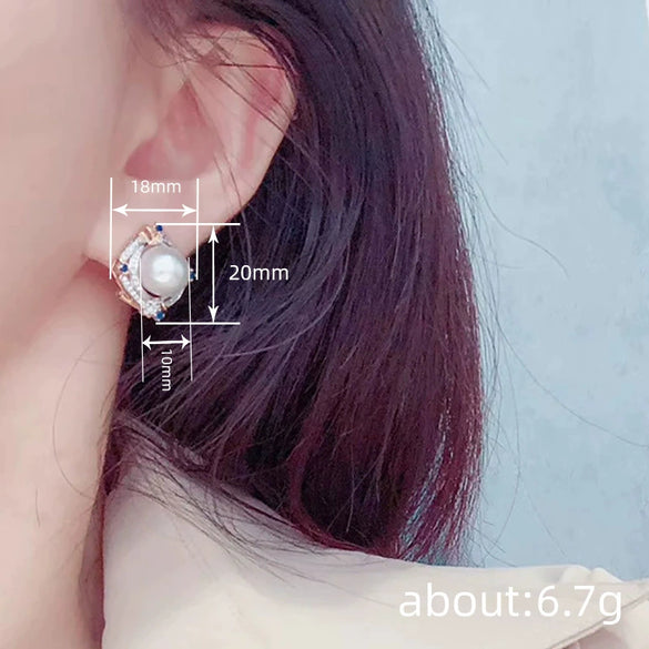 Wholesale Elegant Twocolor Imitation Pearl Earrings Copper Geometric Rhombus Zirconia Design Jewelry For Women