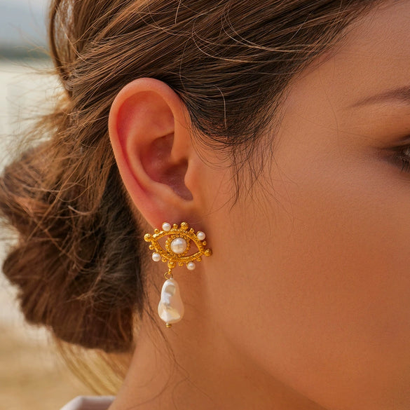 Wholesale Elegant Women's Earrings Stainless Steel 8K Gold Plated Zircon Inlaid With Geometric Devil's Eye Flower Love Combination Electroplated