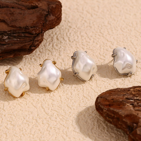 Wholesale Elegant Women's Vintage Fashion Earrings Stainless Steel 18K Gold Plated With Geometric Imitation Pearl Baroque Design