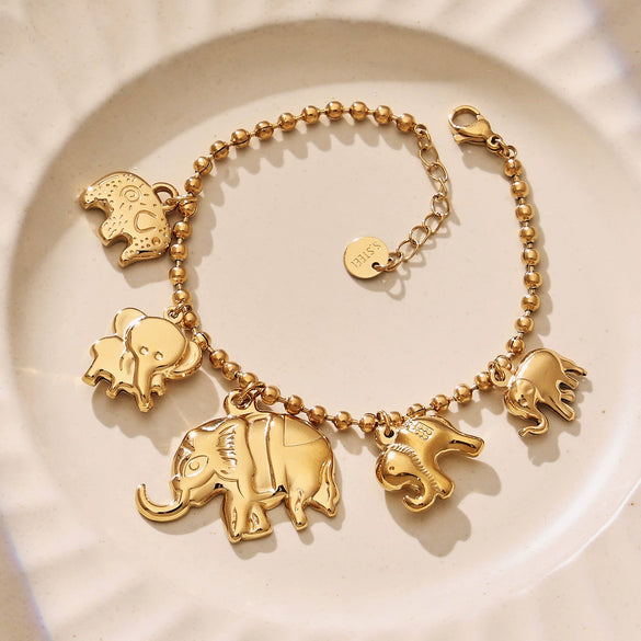 Wholesale Elephant And Baby Elephant Pendant Rice Bead Chain Necklace And Bracelet Set Electroplated Stainless Steel Women's Jewelry