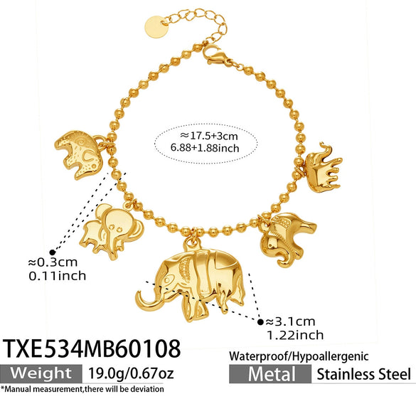 Wholesale Elephant And Baby Elephant Pendant Rice Bead Chain Necklace And Bracelet Set Electroplated Stainless Steel Women's Jewelry