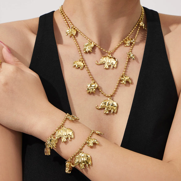 Wholesale Elephant And Baby Elephant Pendant Rice Bead Chain Necklace And Bracelet Set Electroplated Stainless Steel Women's Jewelry