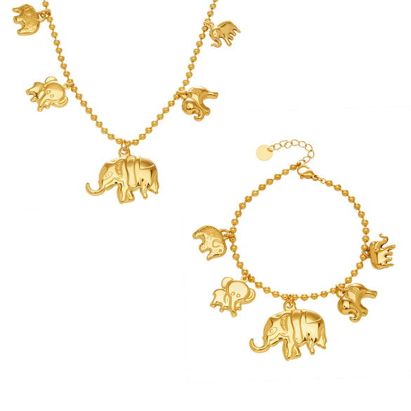 Wholesale Elephant And Baby Elephant Pendant Rice Bead Chain Necklace And Bracelet Set Electroplated Stainless Steel Women's Jewelry