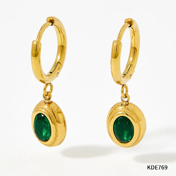 Wholesale Emerald Zircon Earrings Stainless Steel Classic Temperament Simple Oval Pendant With Geometric Pattern Electroplated For Women