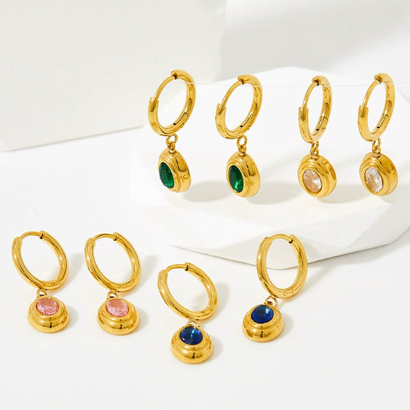 Wholesale Emerald Zircon Earrings Stainless Steel Classic Temperament Simple Oval Pendant With Geometric Pattern Electroplated For Women