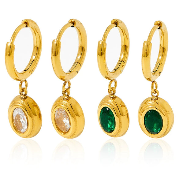Wholesale Emerald Zircon Earrings Stainless Steel Classic Temperament Simple Oval Pendant With Geometric Pattern Electroplated For Women
