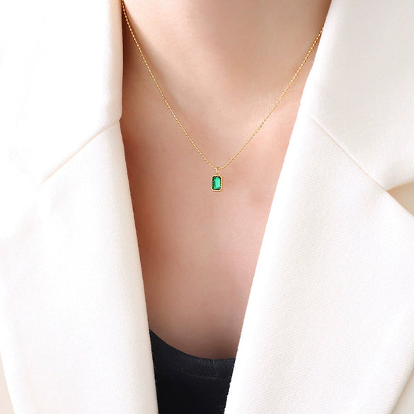 Wholesale Emerald Zircon Microinlay Titanium Steel 18K Gold Plated Necklace For Women