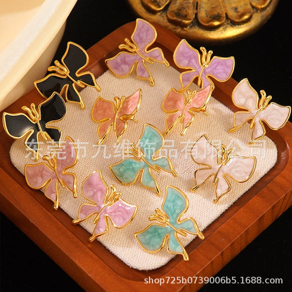 Wholesale Enamel Craft Dripping Oil Sweet Animal Pattern Stainless Steel Butterfly Earrings For Women