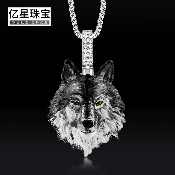 Wholesale Enamel Oildripping Diamondencrusted Wolf Head Animal Pendant Necklace Made Of Copper