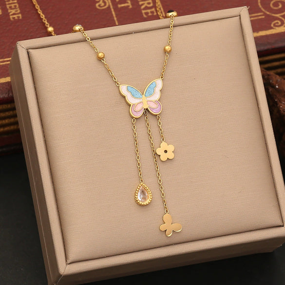 Wholesale Epoxy Colorful Butterfly Stainless Steel Necklace Set With Electroplating O Word Chain For Women