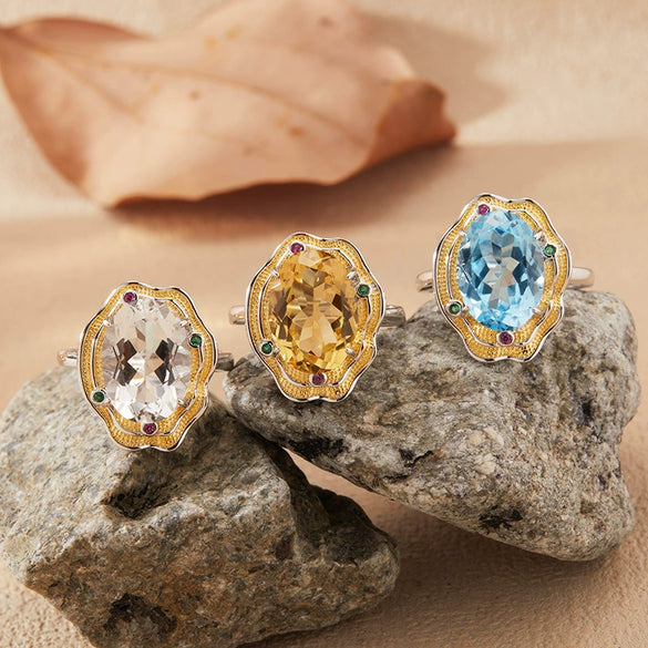 Wholesale Exaggerate Style Flower Shape S925 Sterling Silver Ring Set With Crystal Natural Topaz Citrine Amethyst Jewelry For Women