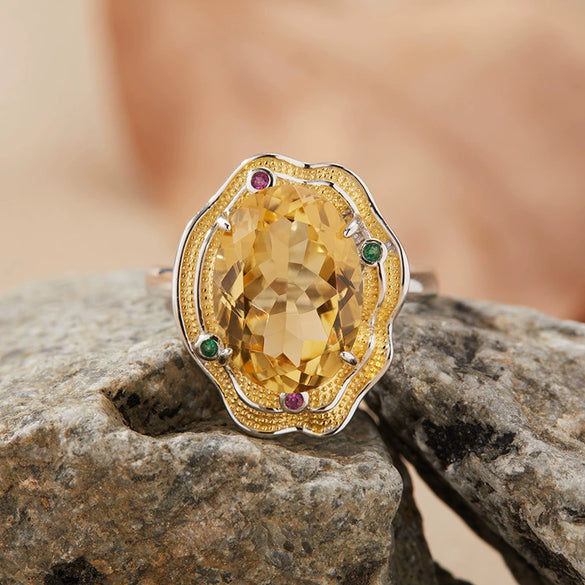 Wholesale Exaggerate Style Flower Shape S925 Sterling Silver Ring Set With Crystal Natural Topaz Citrine Amethyst Jewelry For Women