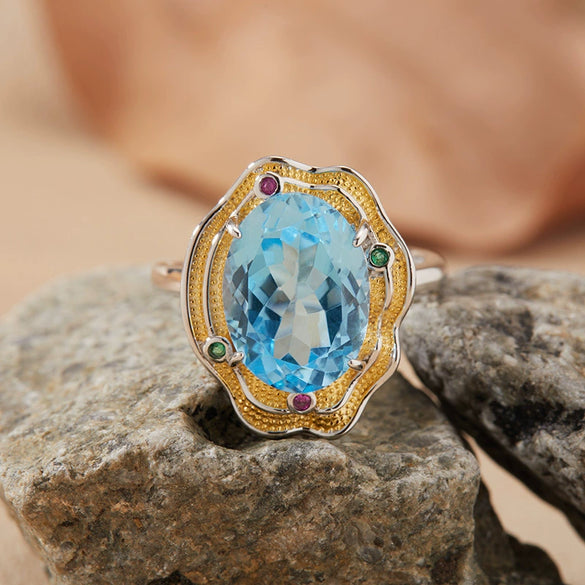 Wholesale Exaggerate Style Flower Shape S925 Sterling Silver Ring Set With Crystal Natural Topaz Citrine Amethyst Jewelry For Women