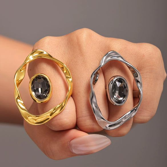 Wholesale Exaggerated Big Round Diamond Shaped Ring With Czech Big Diamond Copper Plated Real Gold Geometric Style Electroplating For Women